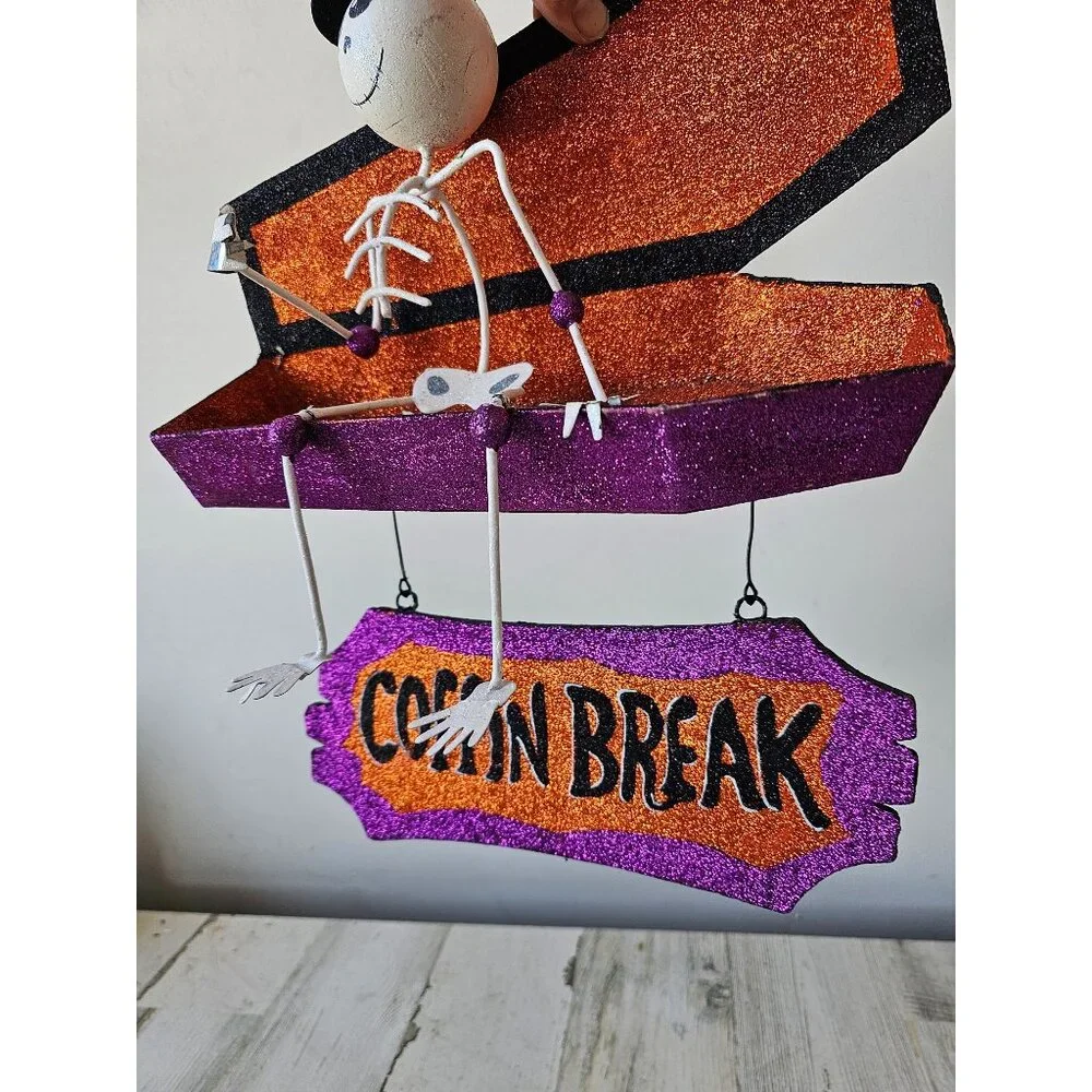 Pier 1 skeleton coffin break glitter RARE Halloween sign hanging decor unique sp